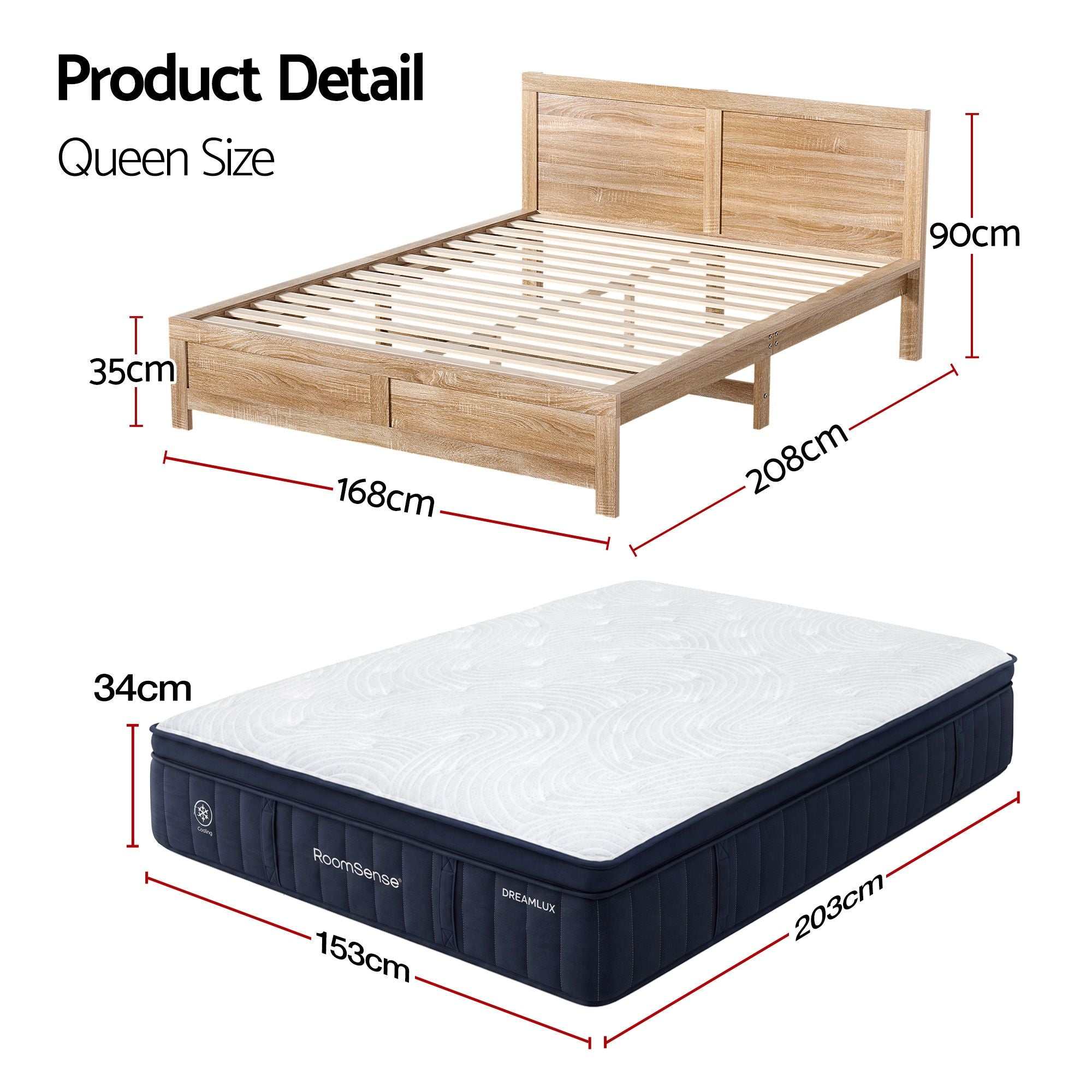 RoomSense Queen 34cm Medium Cooling Gel Mattress Bundle, Oatmeal Bed Frame