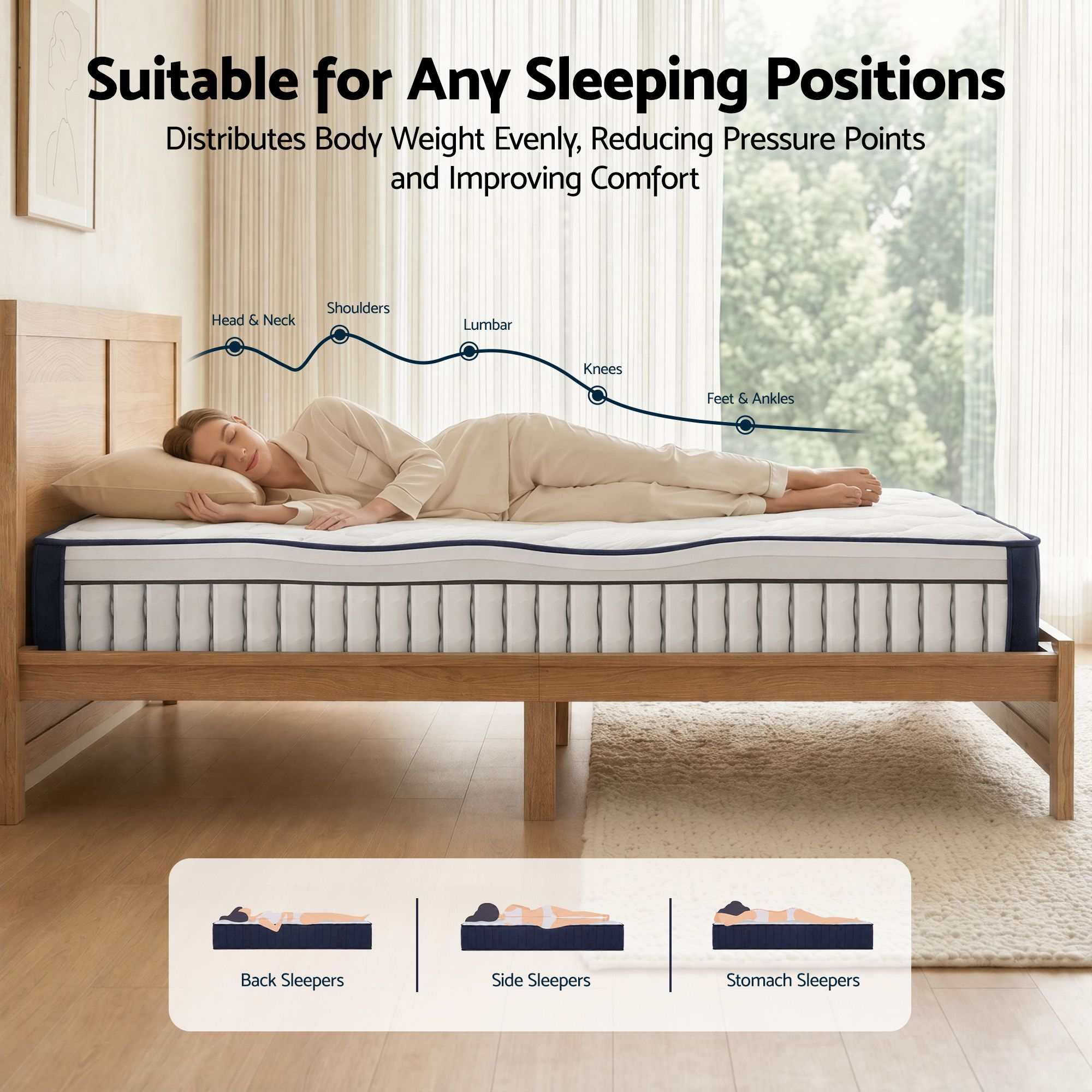 RoomSense Queen 26cm Firm Mattress Bundle with Oatmeal Wooden Bed Frame