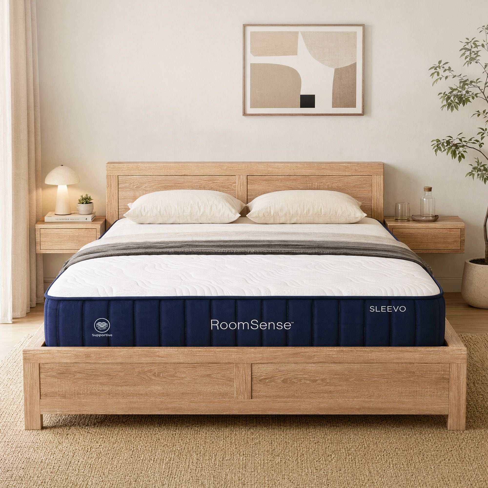 RoomSense Queen 26cm Firm Mattress Bundle with Oatmeal Wooden Bed Frame