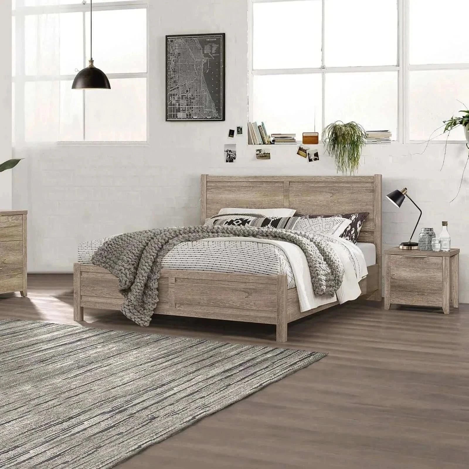 3 Pieces King Size Bed and Bedside Table - Oak Colour