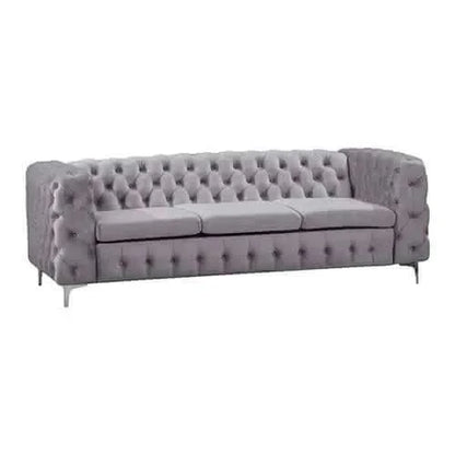 3 Seater Sofa Classic Button Tufted Lounge in Grey Velvet Fabric with 