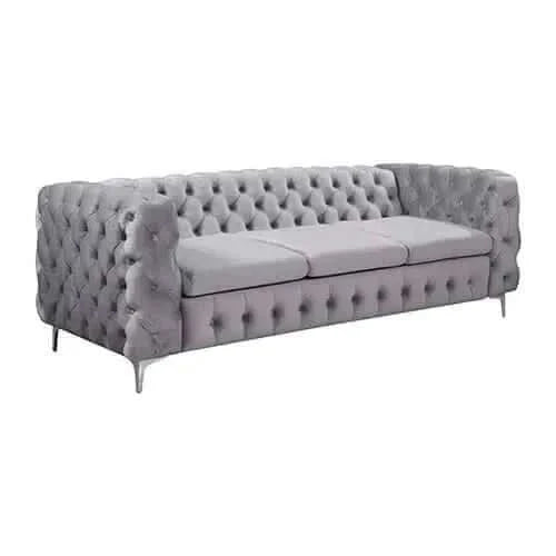 3 Seater Sofa Classic Button Tufted Lounge in Grey Velvet Fabric with 