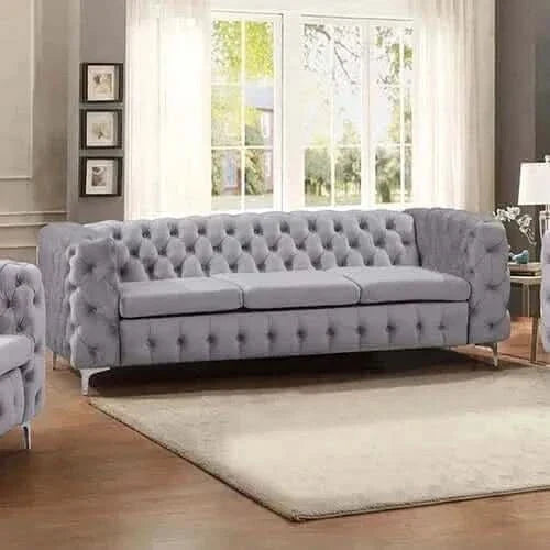 3 Seater Sofa Classic Button Tufted Lounge in Grey Velvet Fabric with 