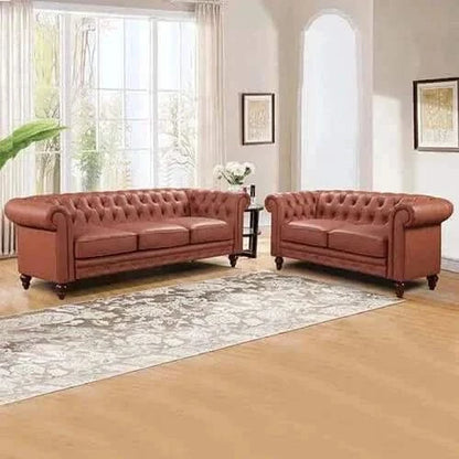 3+2 Seater Brown Sofa Lounge Chesterfield Style Button Tufted in Faux 