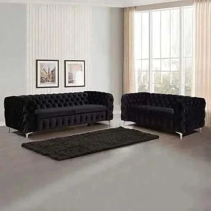 3+2 Seater Sofa Classic Button Tufted Lounge in Black Velvet Fabric wi