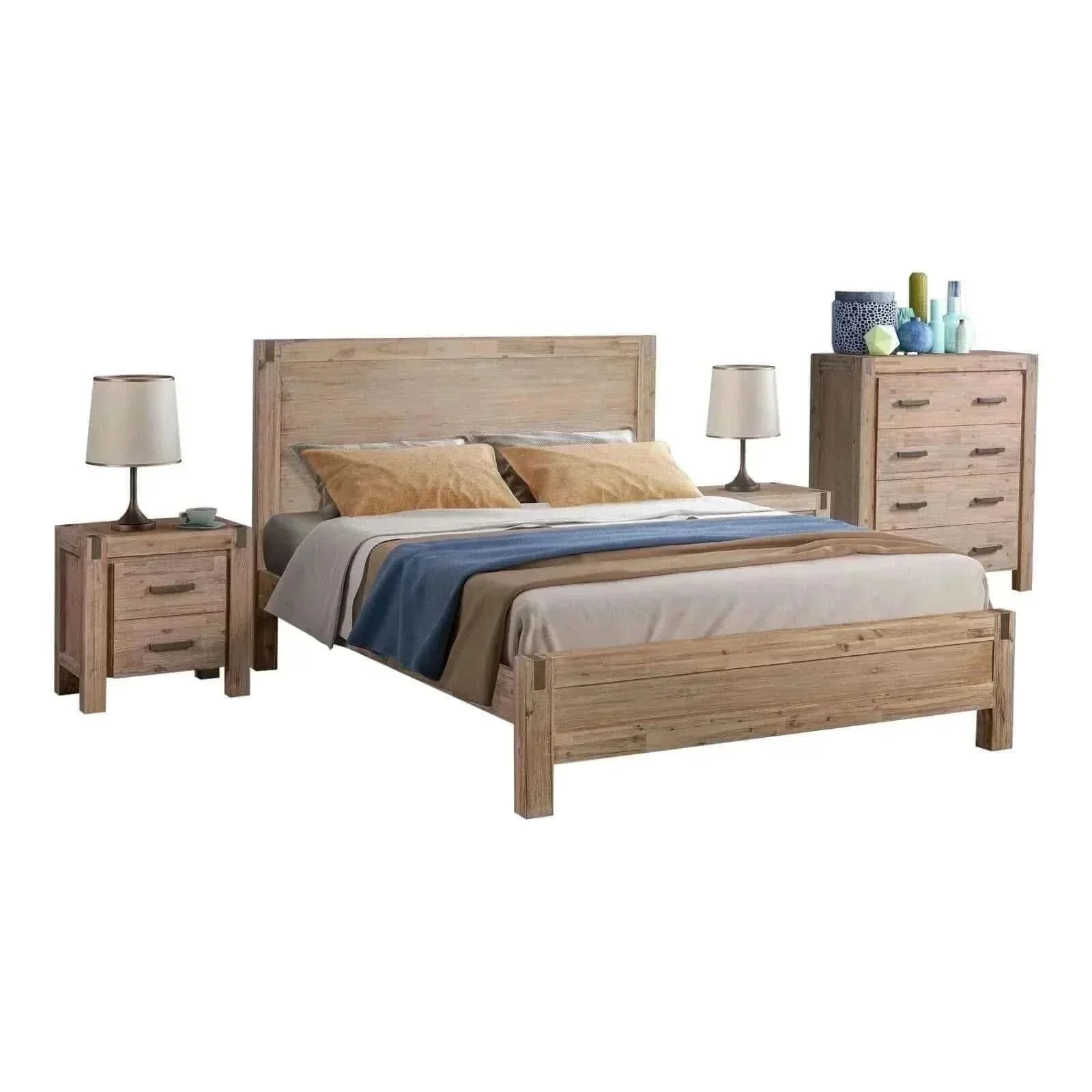 4 Pieces Solid Wood Queen Bed and Bedroom furniture - Oak Colour