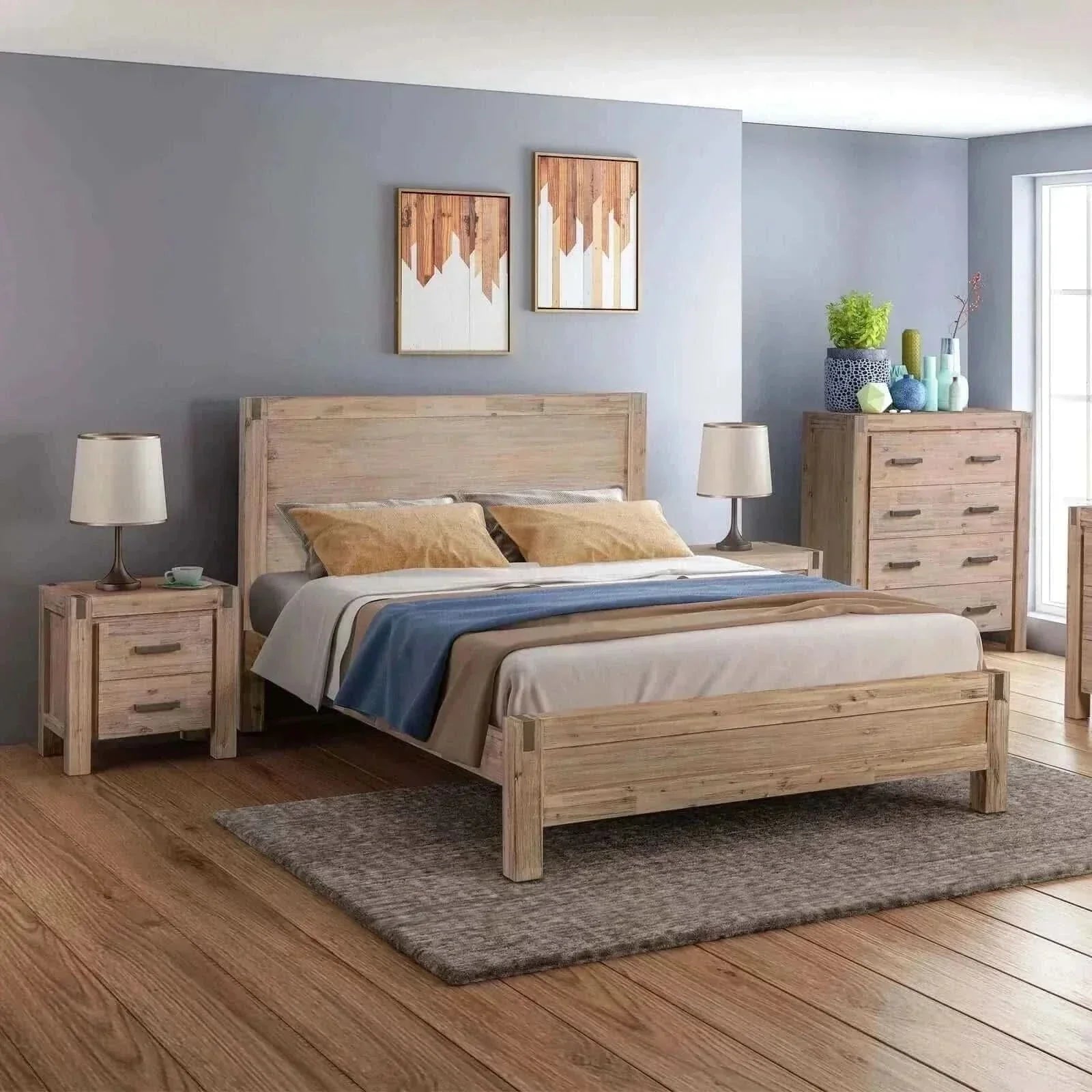 4 Pieces Solid Wood Queen Bed and Bedroom furniture - Oak Colour