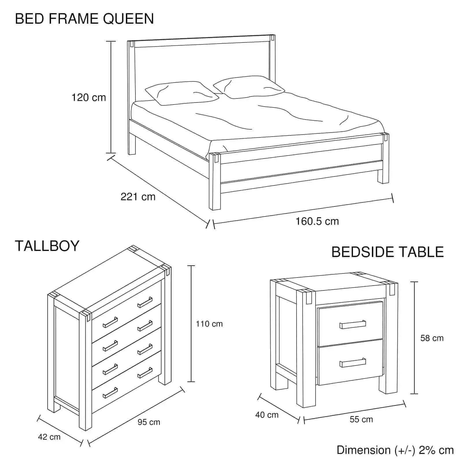 4 Pieces Solid Wood Queen Bed and Bedroom furniture - Oak Colour