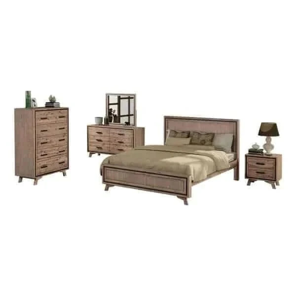 4 Pieces Bedroom Set King Size Silver Brush in Acacia Wood