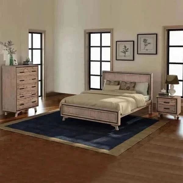 4 Pieces Bedroom Set King Size Silver Brush in Acacia Wood
