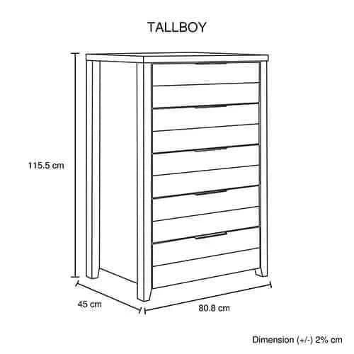 5 Pieces Double Size Bedroom Set Furniture Bed, Bedside Table, Tallboy