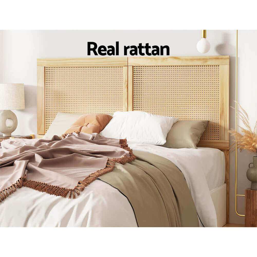 RIBO Rattan Bed Headboard Queen - Pine