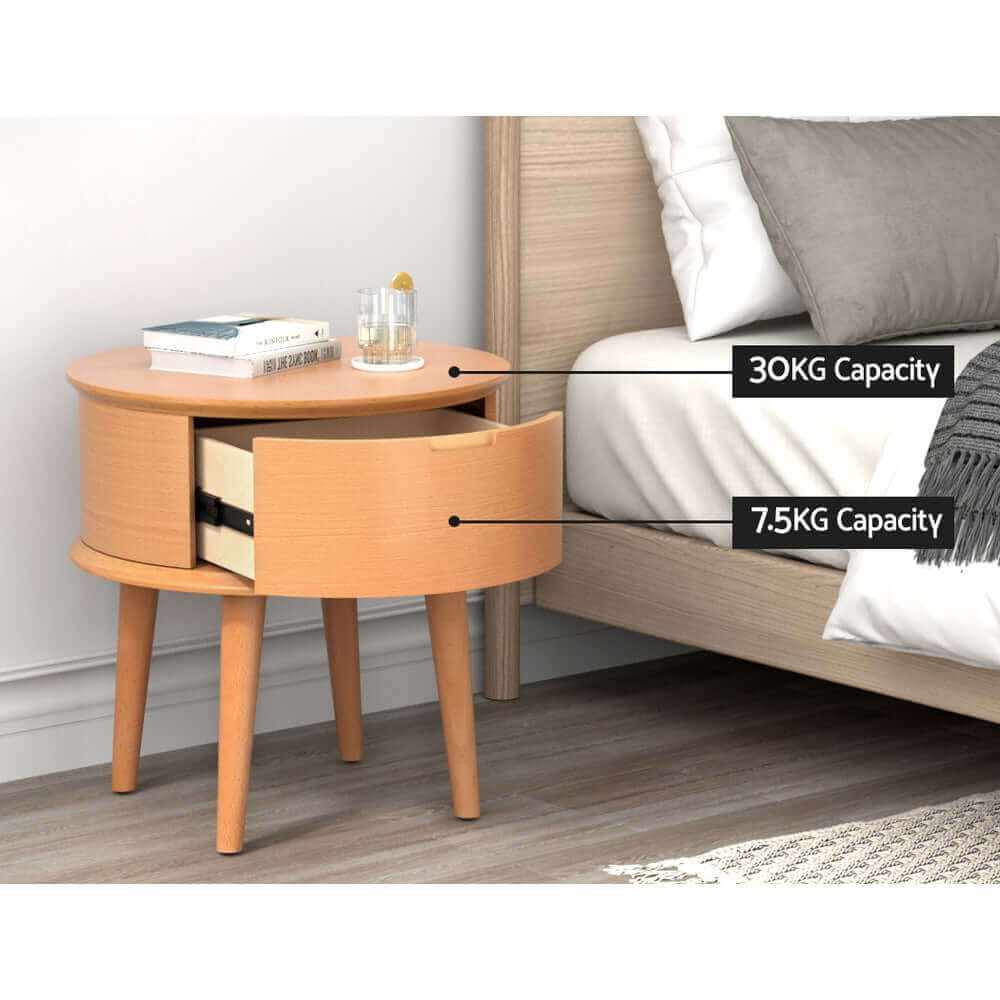 ENZO Bedside Table Drawers Curved Side End Table Oak