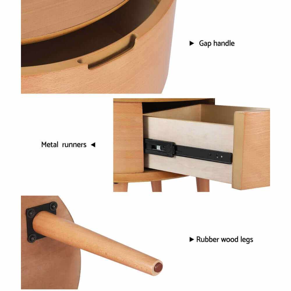 ENZO Bedside Table Drawers Curved Side End Table Oak