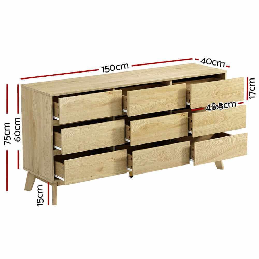 XAVI 9 Drawer Chest of Drawers Cabinet - Pine
