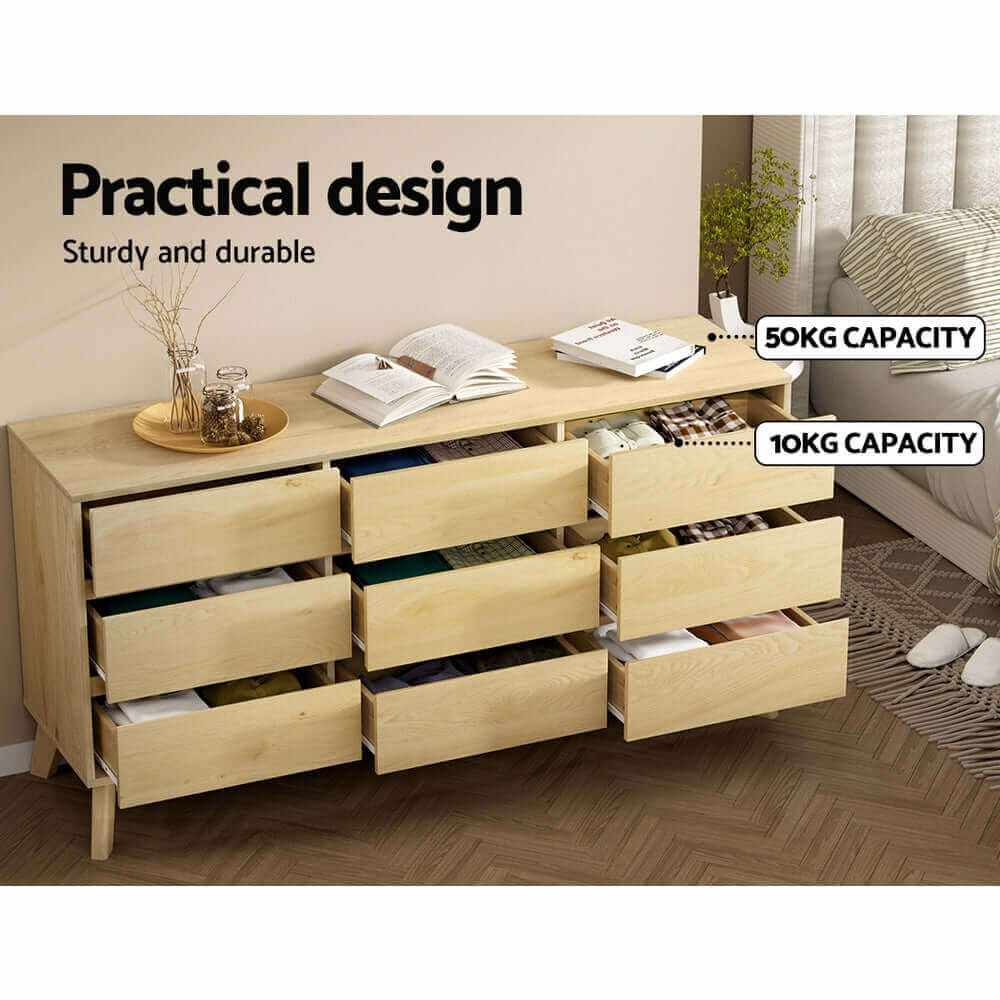 XAVI 9 Drawer Chest of Drawers Cabinet - Pine
