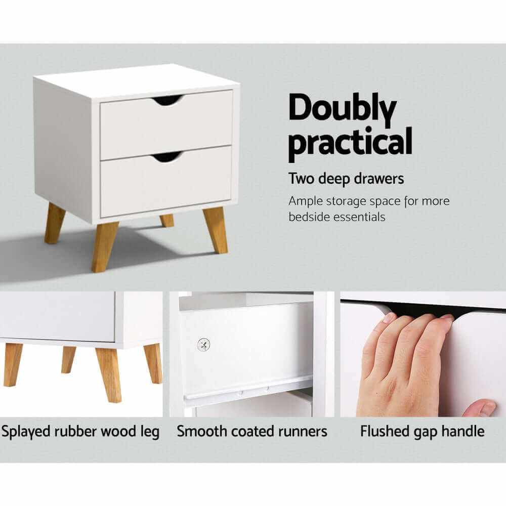 ANDERS Bedside Table 2 Drawers White