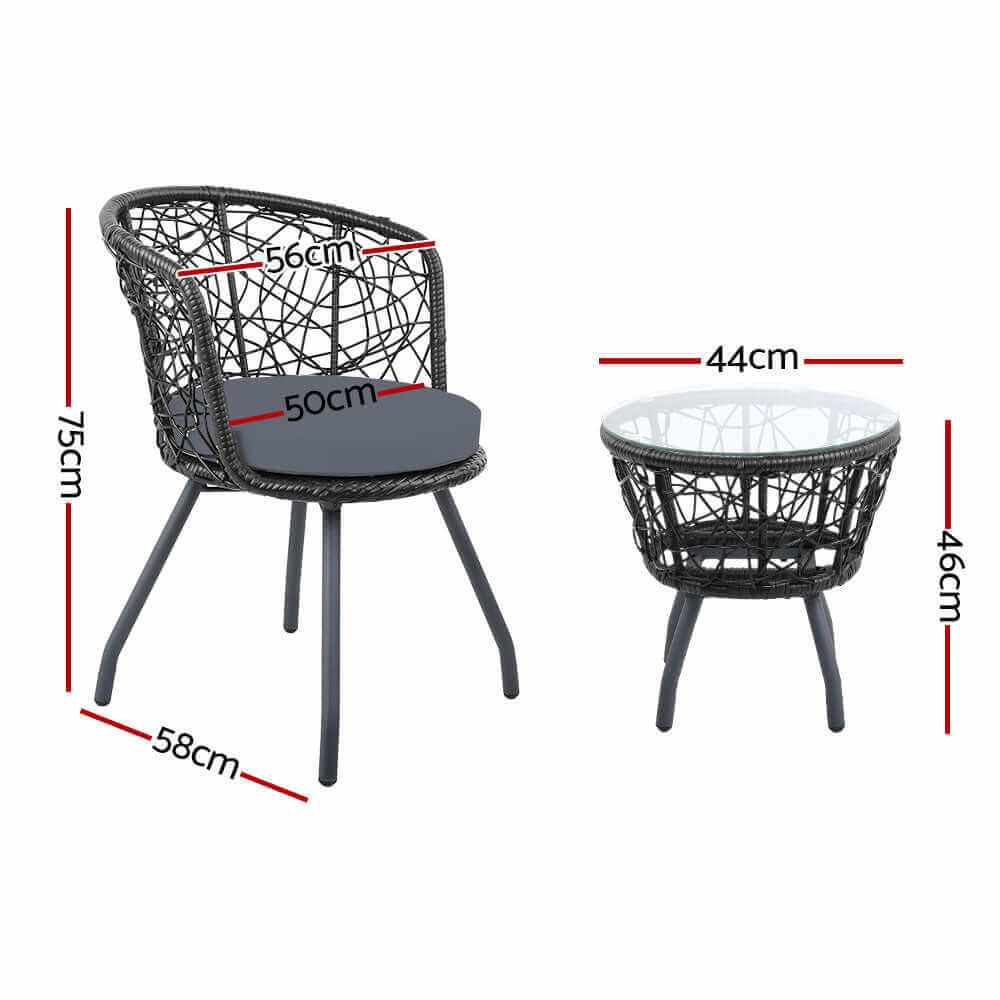 Gardeon 3PC Bistro Set Outdoor Furniture Rattan Table Chairs Garden - 