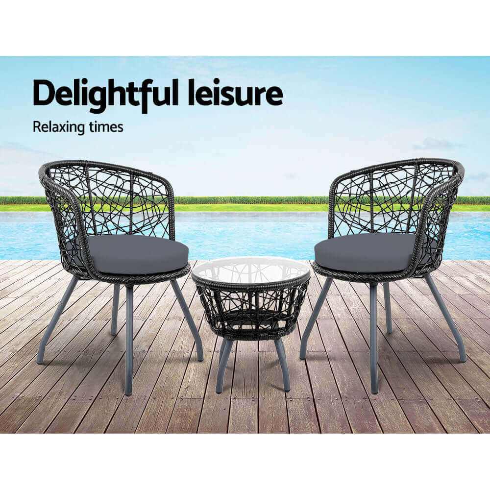 Gardeon 3PC Bistro Set Outdoor Furniture Rattan Table Chairs Garden - 