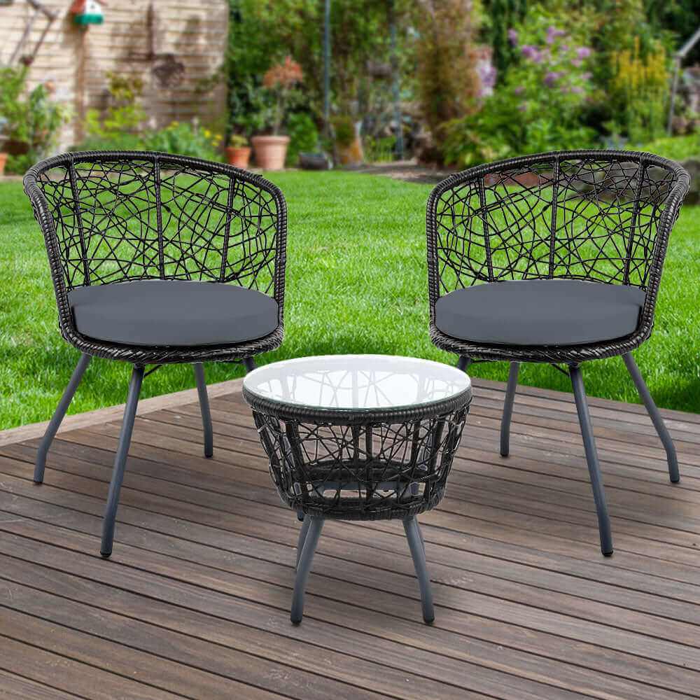 Gardeon 3PC Bistro Set Outdoor Furniture Rattan Table Chairs Garden - 