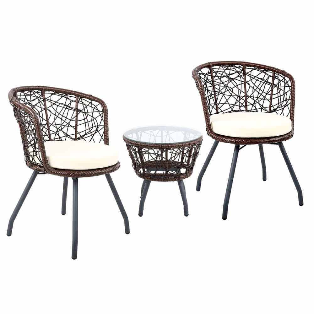 Gardeon 3PC Outdoor Bistro Set Brown Wicker Patio Table and Chairs