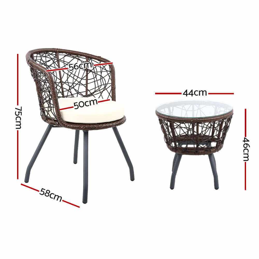 Gardeon 3PC Outdoor Bistro Set Brown Wicker Patio Table and Chairs