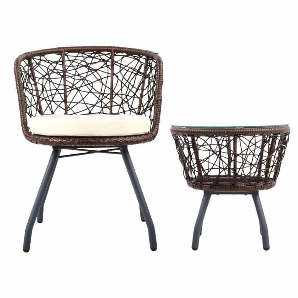 Gardeon 3PC Outdoor Bistro Set Brown Wicker Patio Table and Chairs