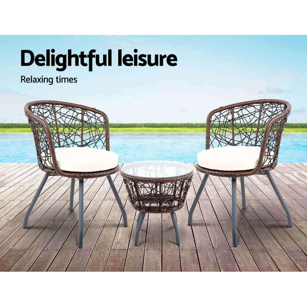 Gardeon 3PC Outdoor Bistro Set Brown Wicker Patio Table and Chairs