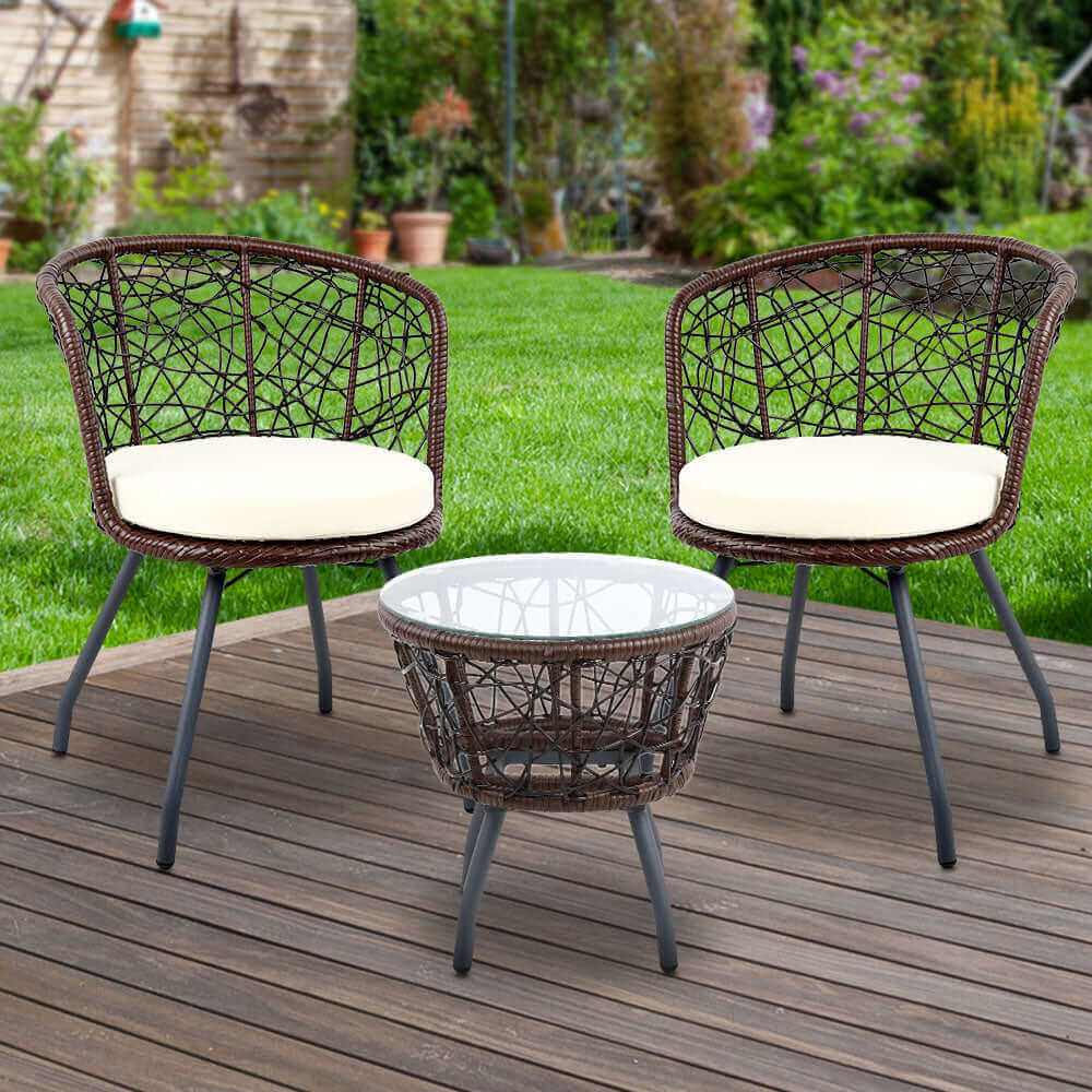 Gardeon 3PC Outdoor Bistro Set Brown Wicker Patio Table and Chairs