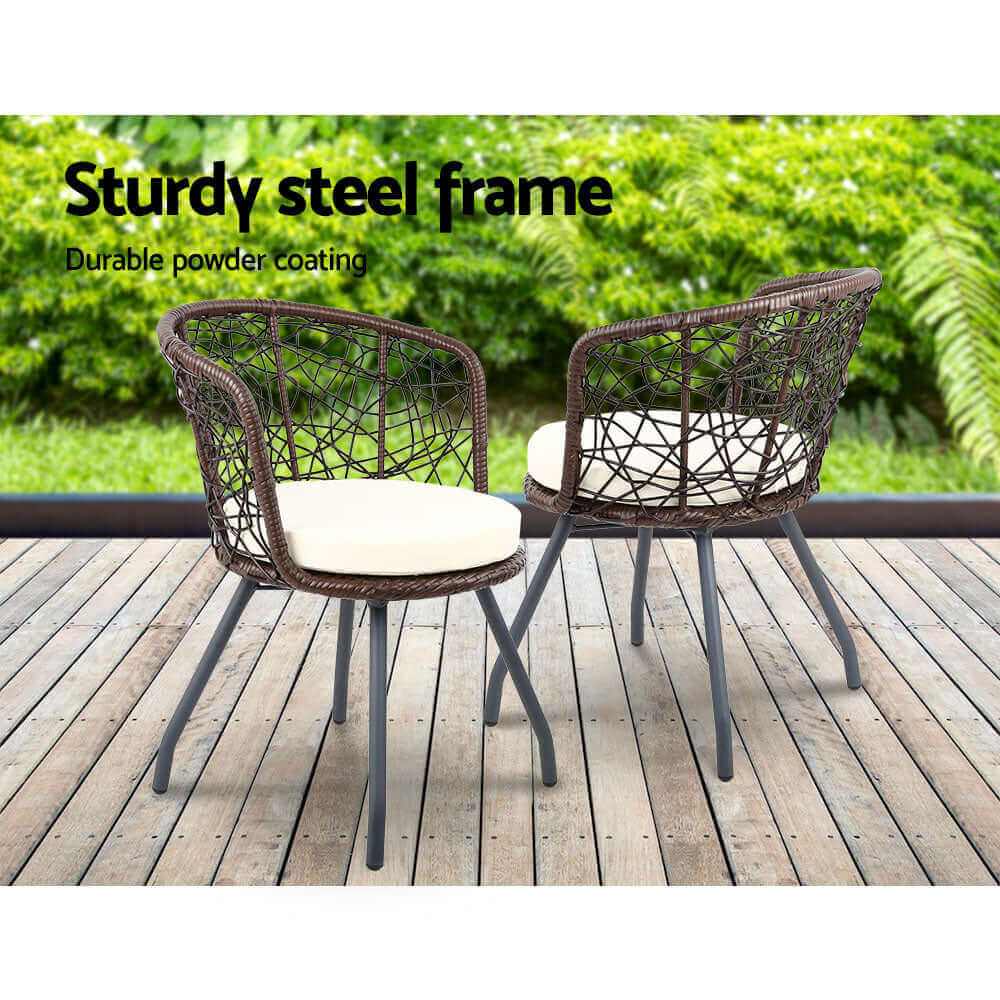 Gardeon 3PC Outdoor Bistro Set Brown Wicker Patio Table and Chairs