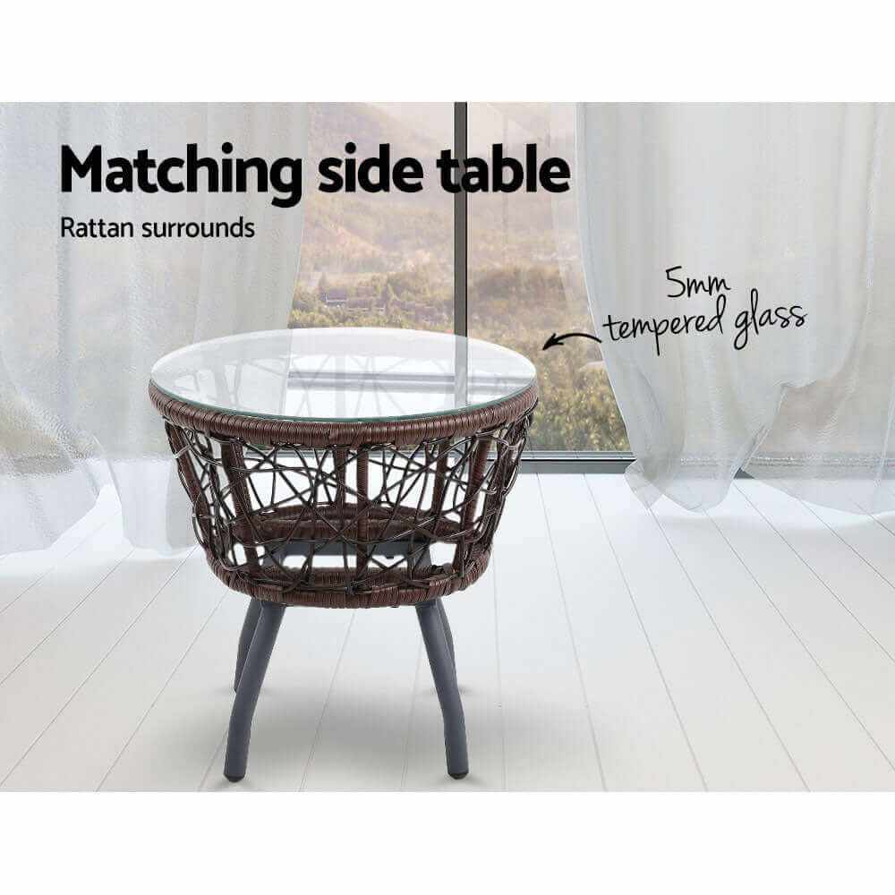 Gardeon 3PC Outdoor Bistro Set Brown Wicker Patio Table and Chairs