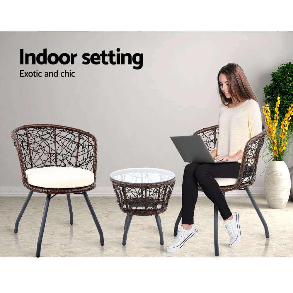 Gardeon 3PC Outdoor Bistro Set Brown Wicker Patio Table and Chairs