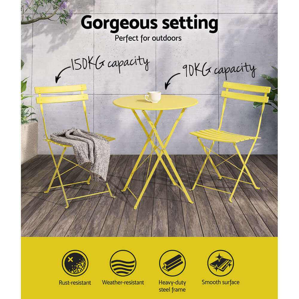 Gardeon 3PC Outdoor Metal Bistro Set - Yellow