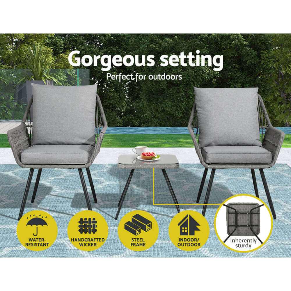 Gardeon 3PC Outdoor Furniture Bistro Table And Chairs Set - Grey
