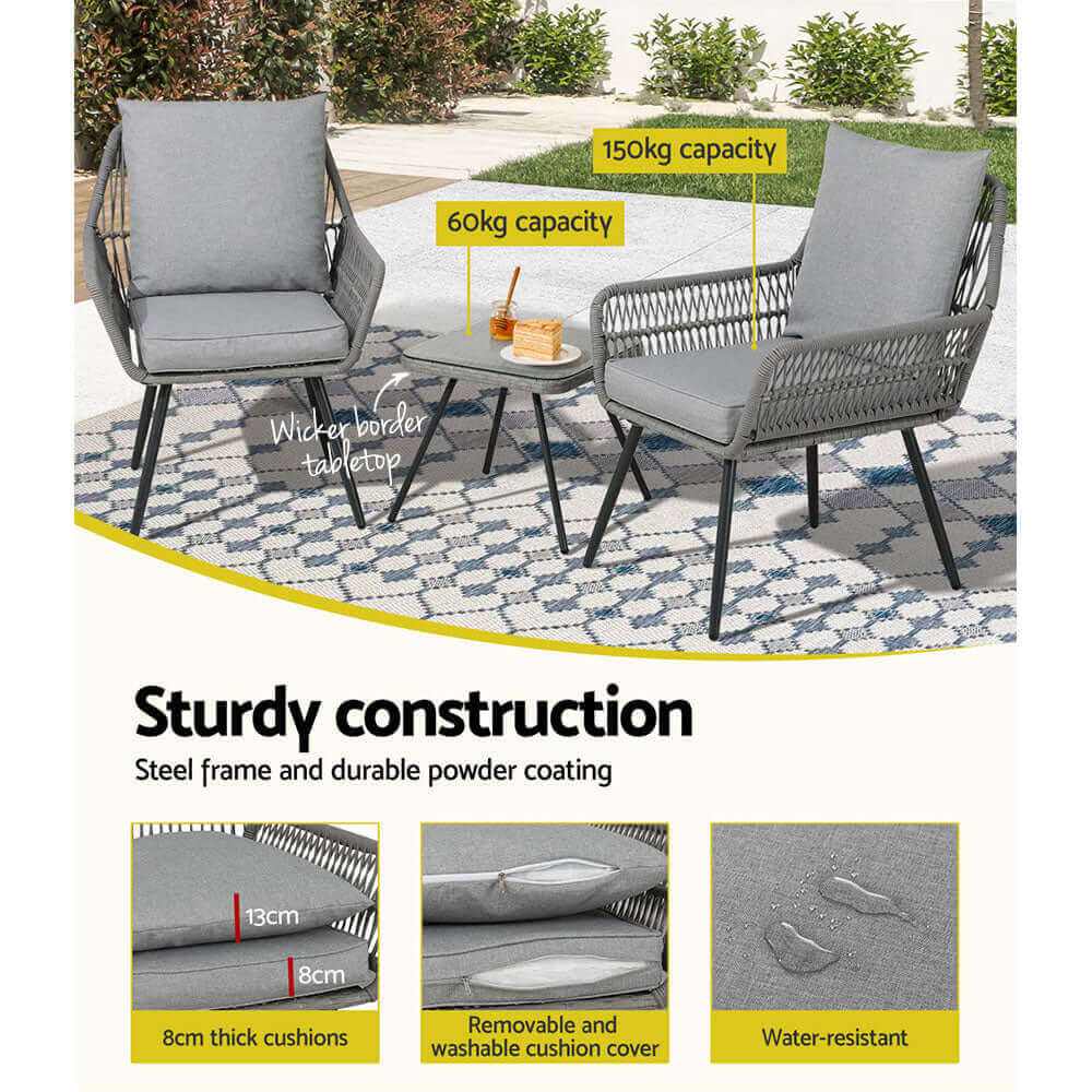 Gardeon 3PC Outdoor Furniture Bistro Table And Chairs Set - Grey