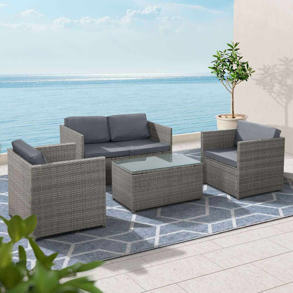 Gardeon 4-Piece Outdoor Sofa Set Wicker Couch Lounge Setting Grey