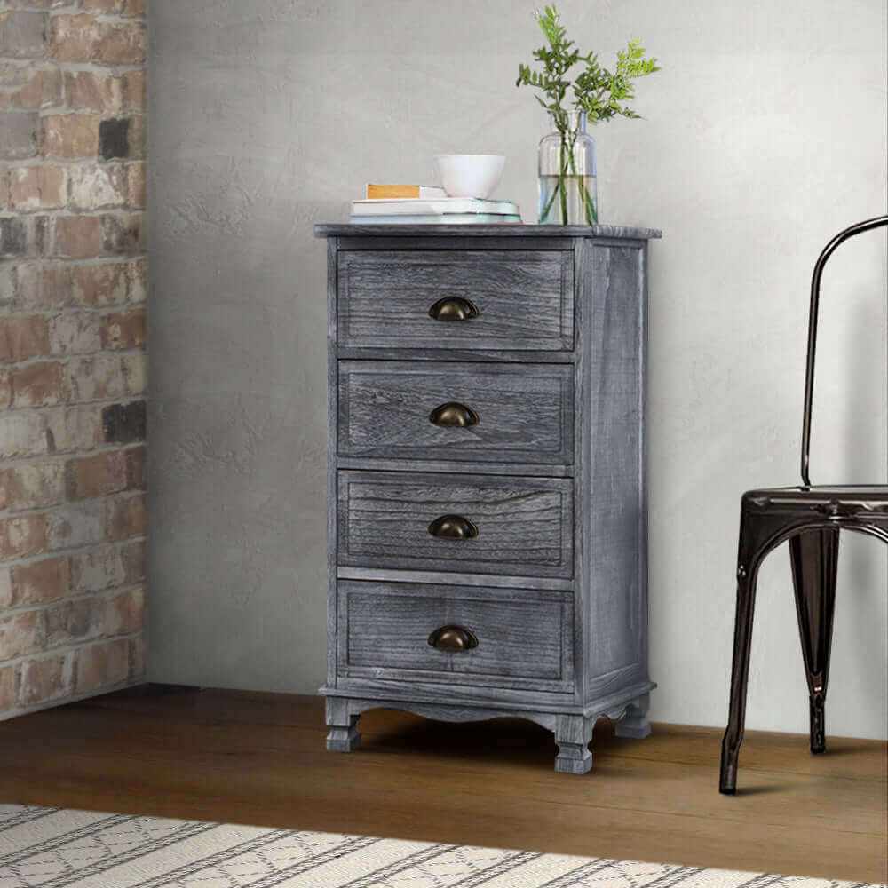Artiss Bedside Drawers Cabinet Vintage 4 Chest of Drawers - Grey