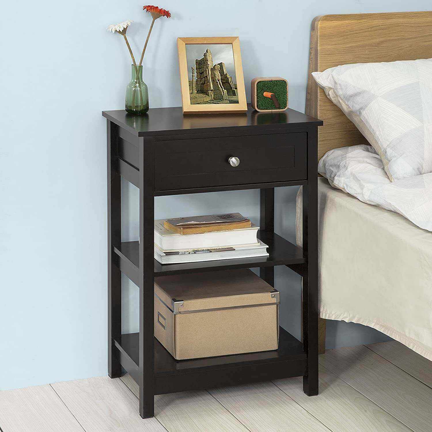 Black Bedside Table Drawer and 2 Shelves
