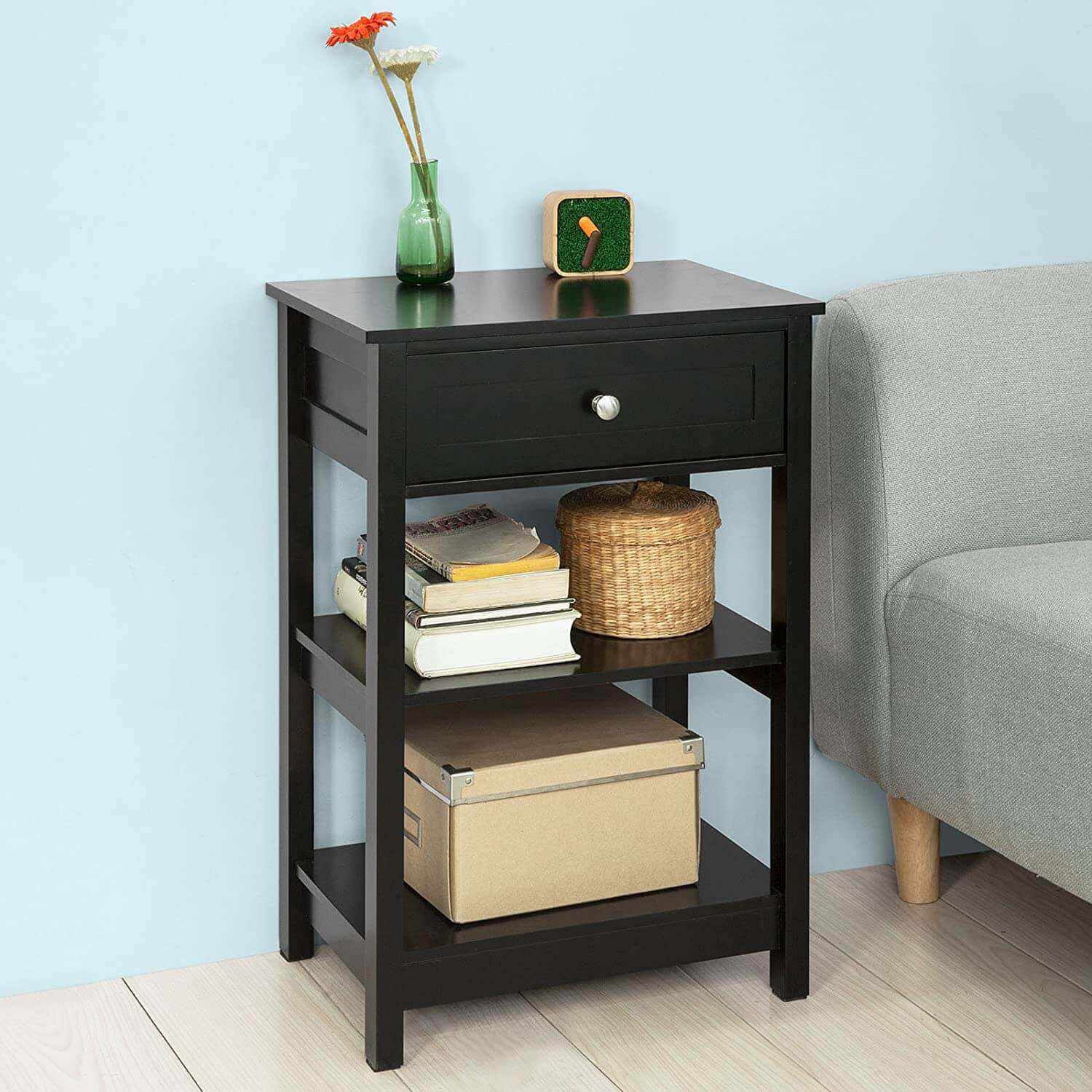Black Bedside Table Drawer and 2 Shelves