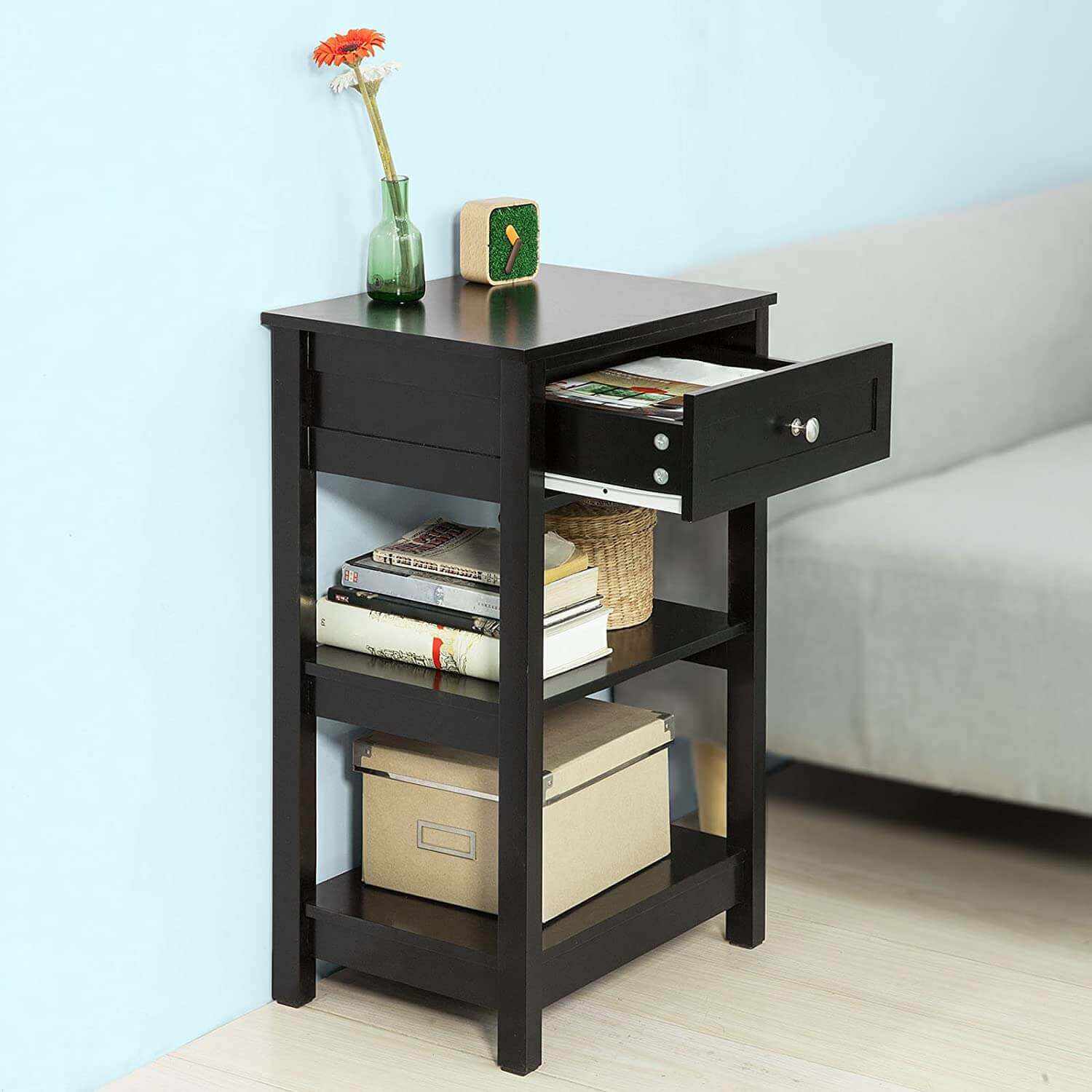 Black Bedside Table Drawer and 2 Shelves