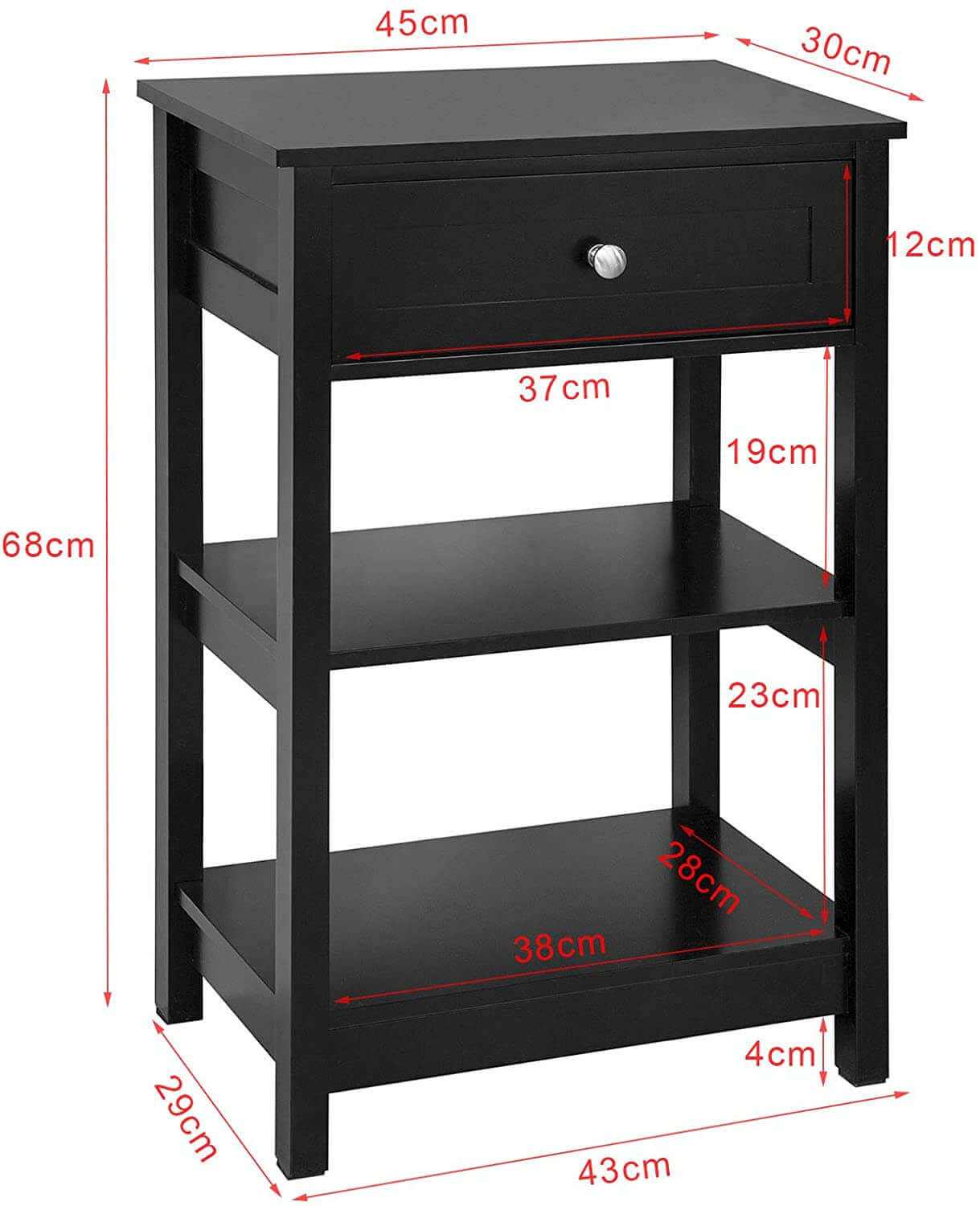 Black Bedside Table Drawer and 2 Shelves