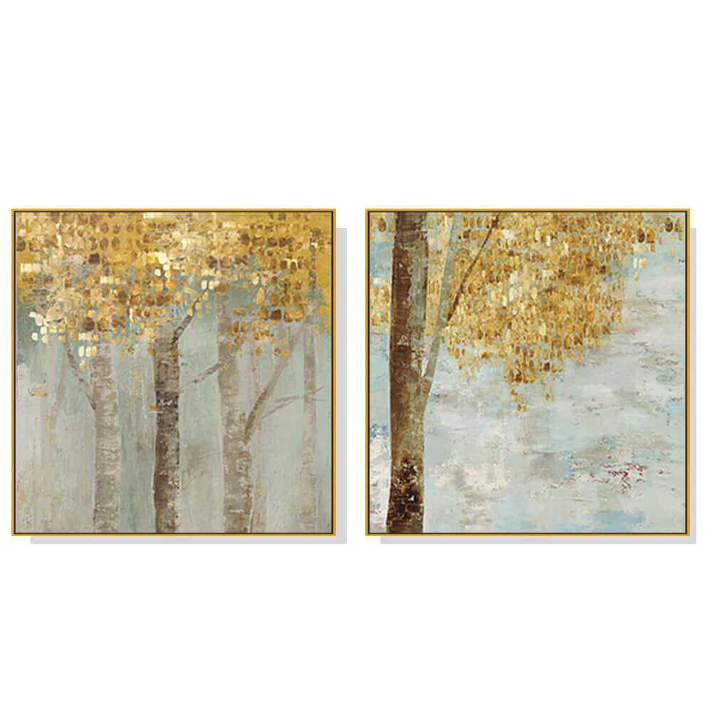 Wall Art 60cmx60cm Golden Leaves 2 Sets Gold Frame Canvas Prints