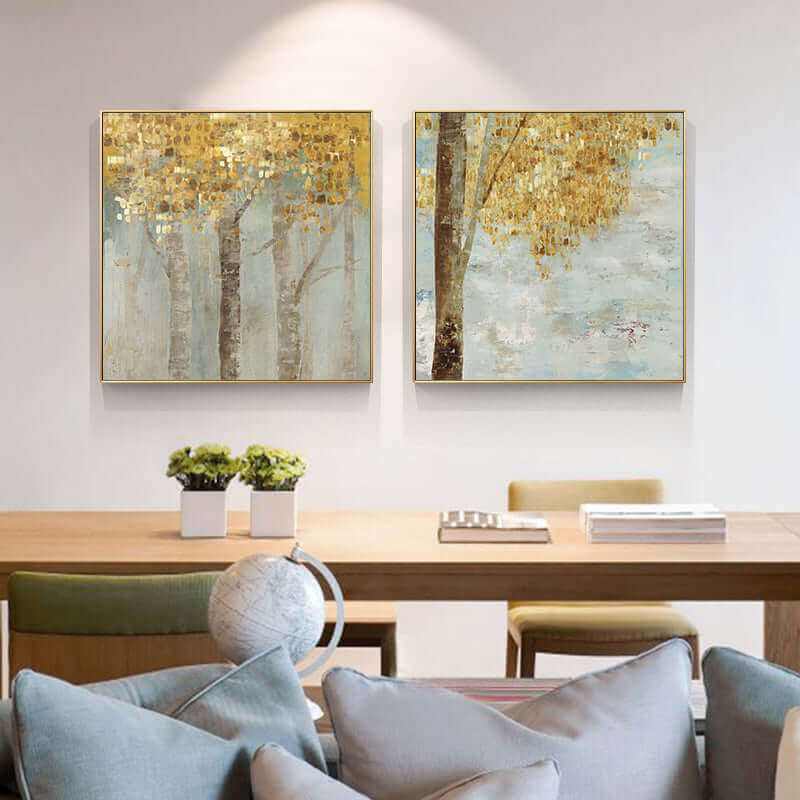 Wall Art 60cmx60cm Golden Leaves 2 Sets Gold Frame Canvas Prints