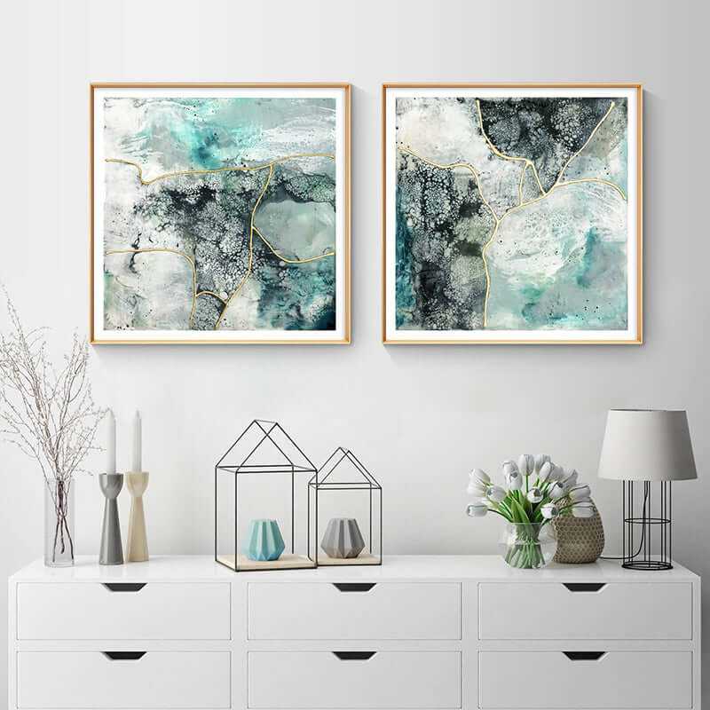 Wall Art 70cmx70cm Marbled Green 2 Sets Gold Frame Canvas