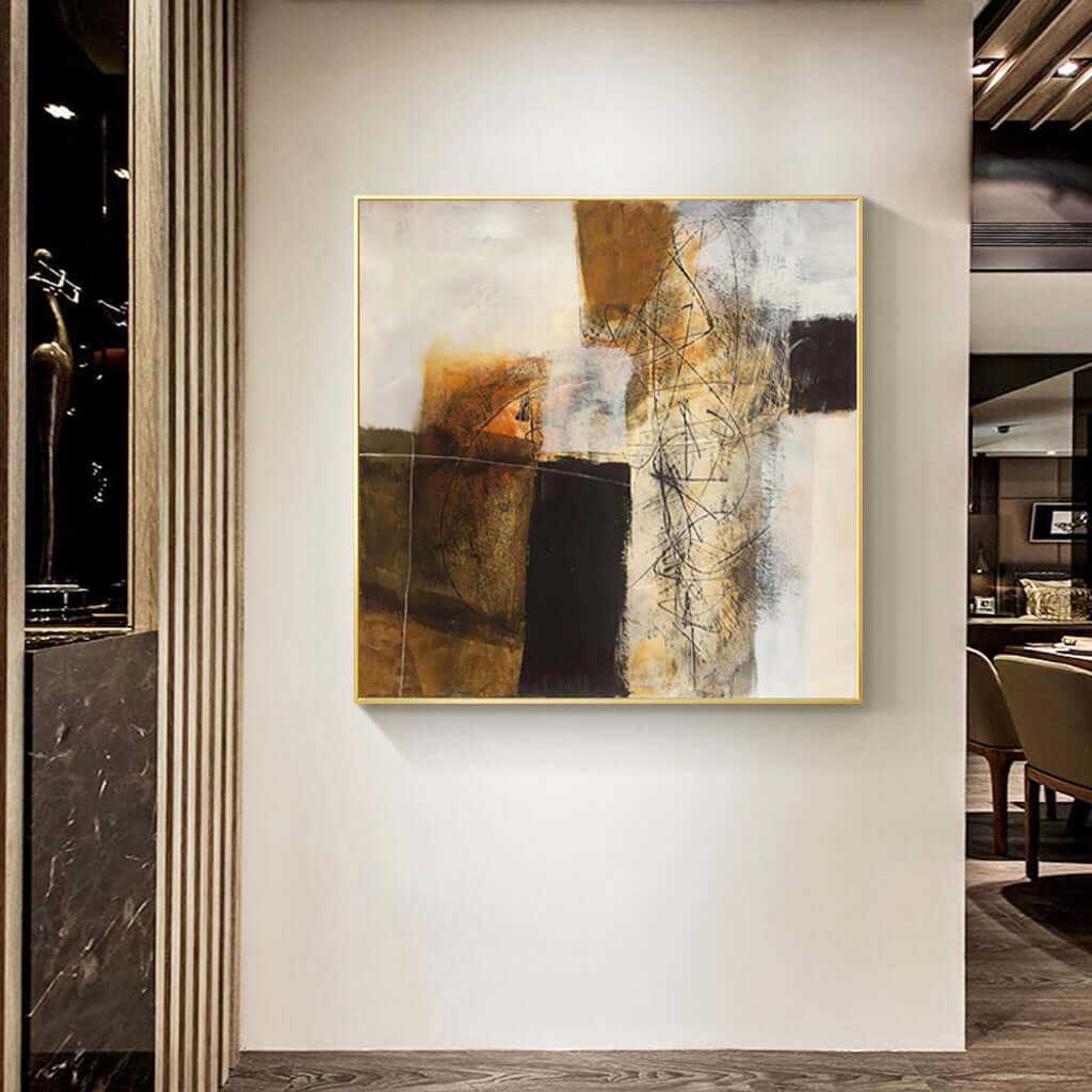 Wall Art 60cmx60cm Abstract gold brown painting style Gold Frame Canva