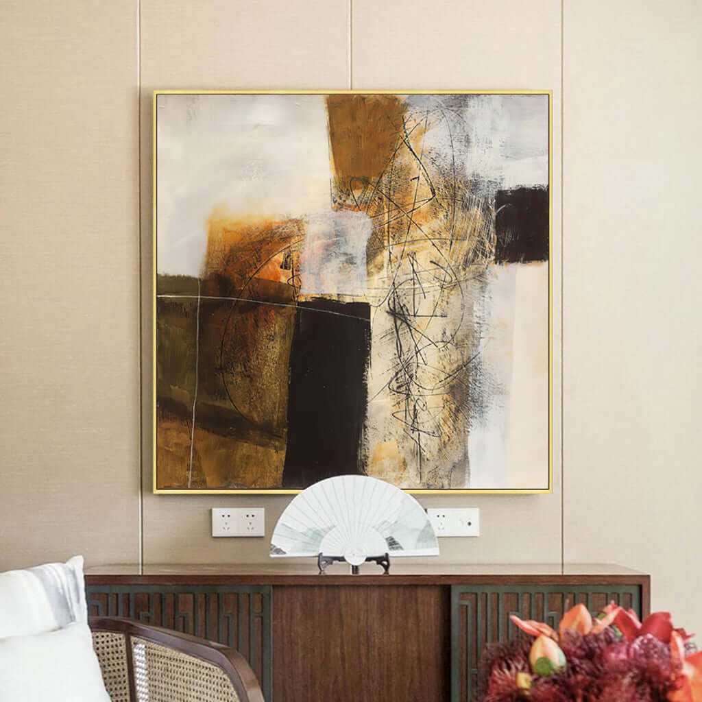 Wall Art 60cmx60cm Abstract gold brown painting style Gold Frame Canva