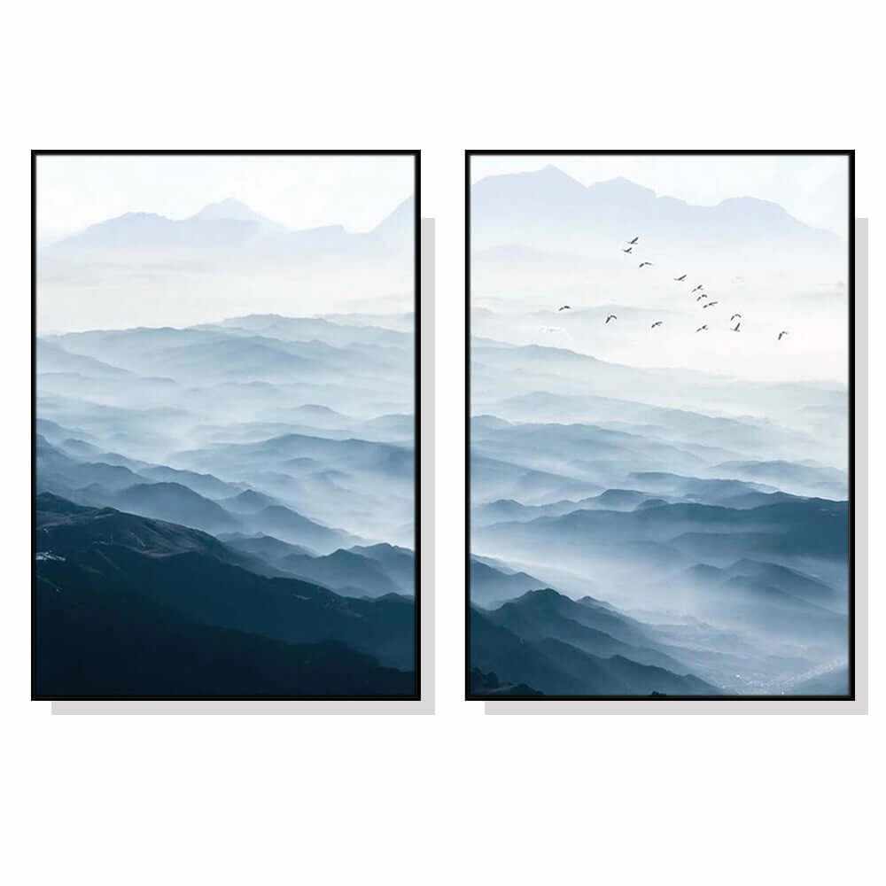 Wall Art 60cmx90cm Blue mountains 2 Sets Black Frame Canvas-Upinteriors