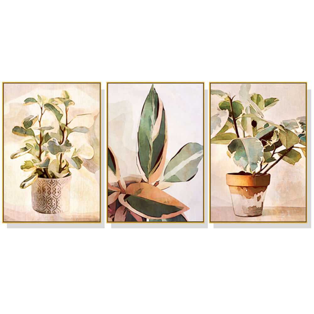 Wall Art 60cmx90cm Botanical Leaves Watercolor Style 3 Sets Gold Frame