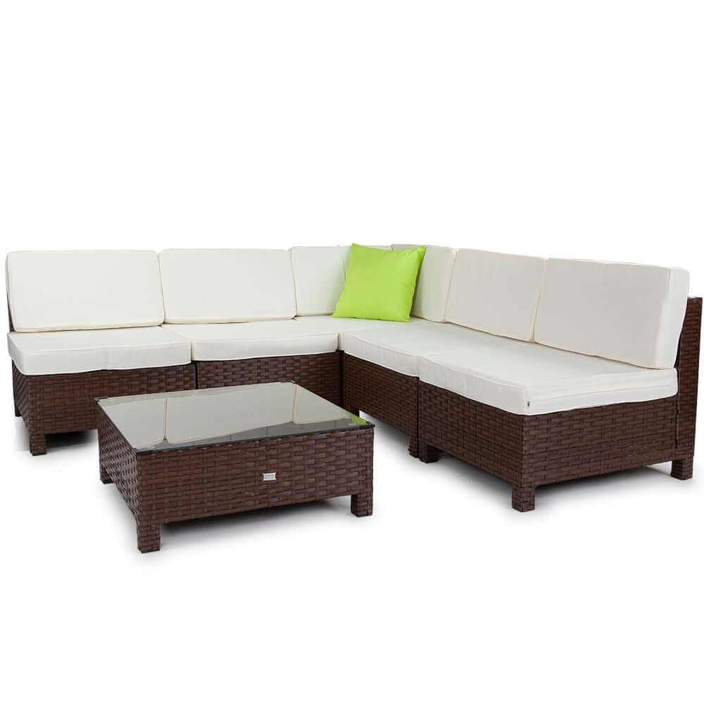 LONDON RATTAN 6pc Outdoor Corner Sofa Set Wicker Lounge - Brown