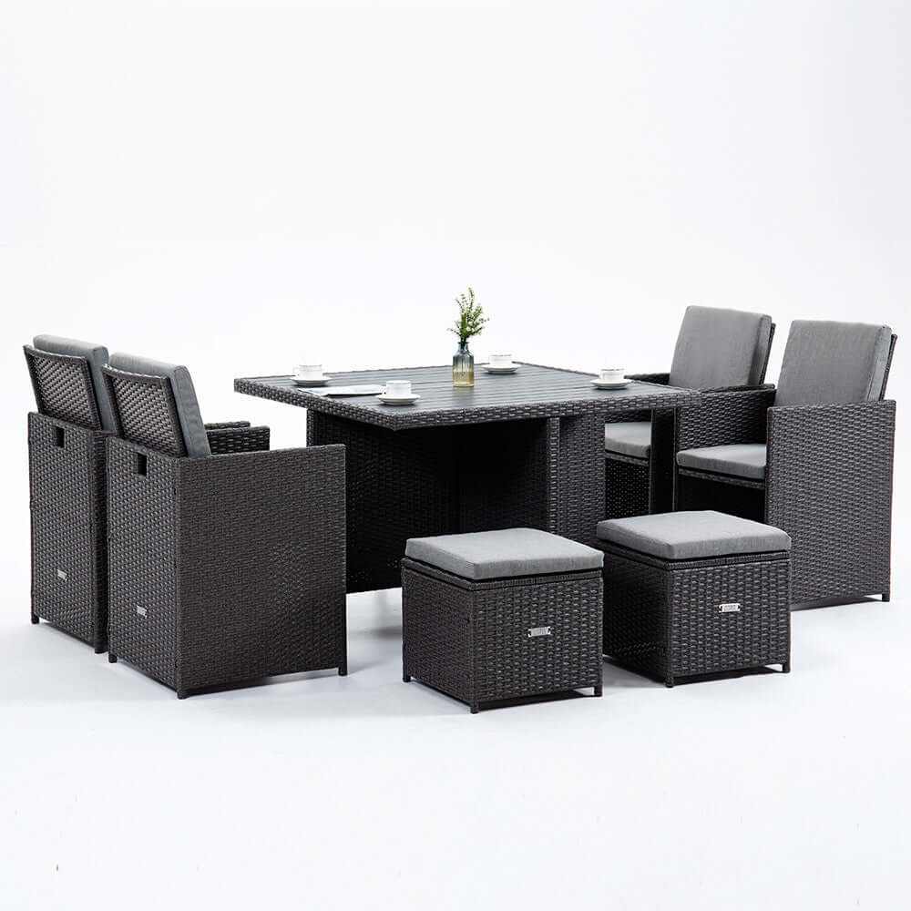 LONDON RATTAN Outdoor Dining Table 9 Piece Furniture Wicker Set - Grey